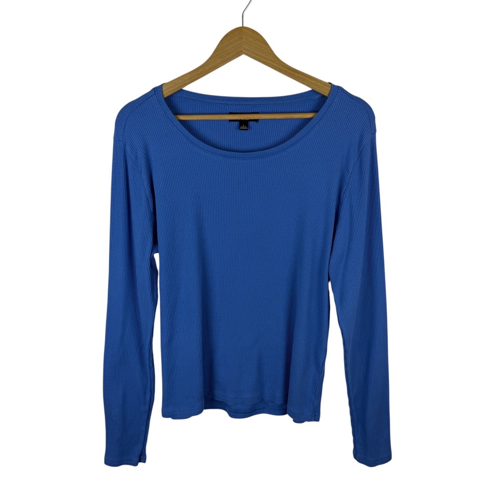 J Crew Vintage Rib T-Shirt Large Blue Ribbed Knit Stretch Layering Basics Comfy